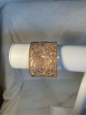 Gold Filigree Rose profile Cuff Bracelet hinged and measures 2 inches wide